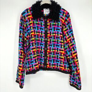 Vintage Michael Simon NY Basketweave Fringe Cardigan Sz XL Black Multicolor 90s